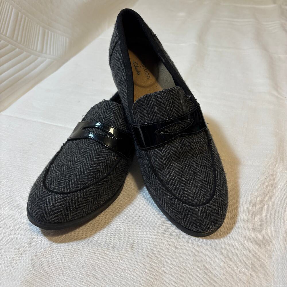 Clarks Collection Womens 7 M Herringbone Penny Loafers Gray Black Slip On